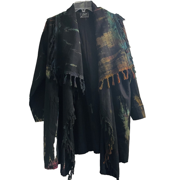 ZUMI JACKET Tie Dyed Black Brown Tral Fringed Shawl Cowl Neck Blazer Oversized - Picture 1 of 8